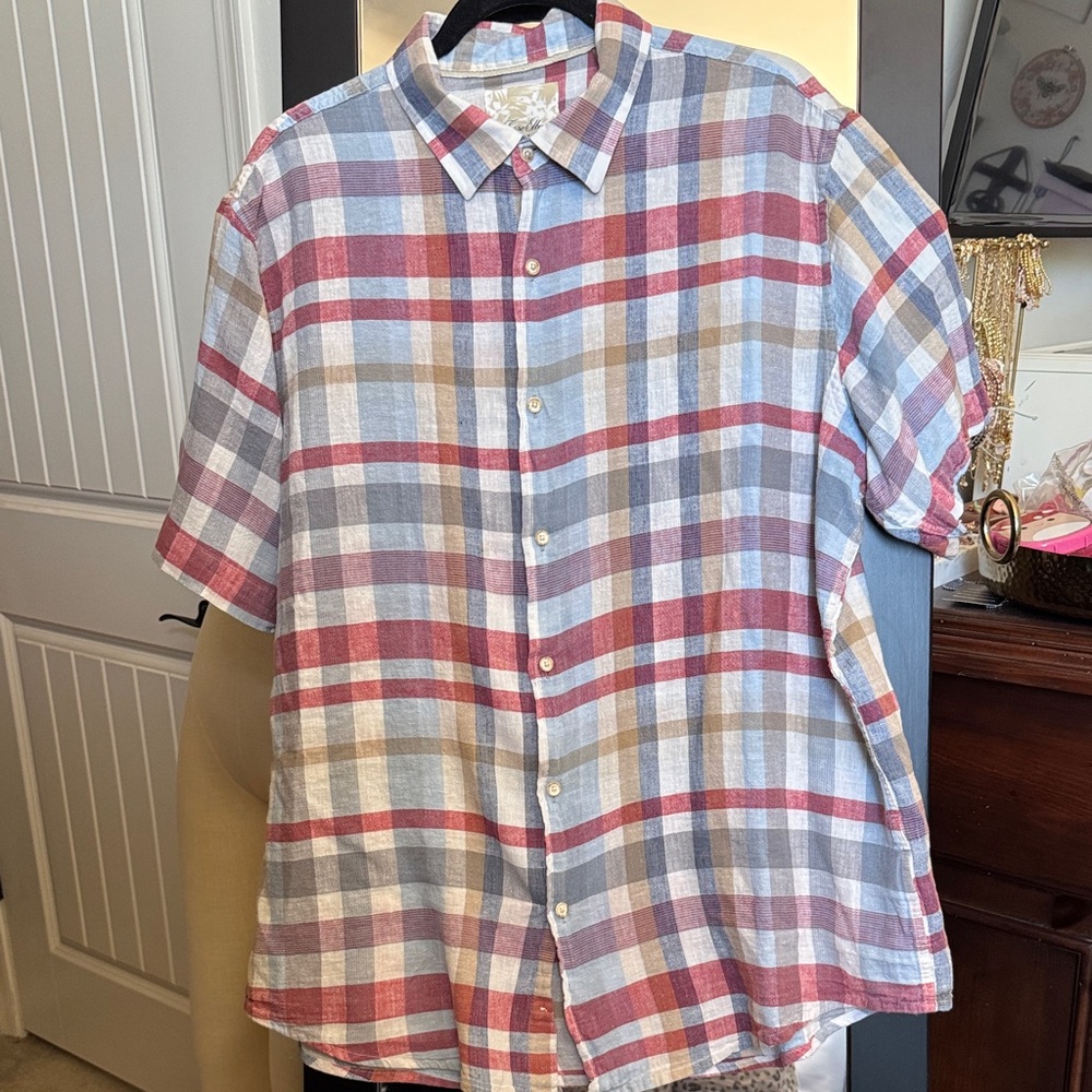 Tasso Elba Short-Sleeve Plaid Button-Down Shirt - Red, Blue, Tan size XL